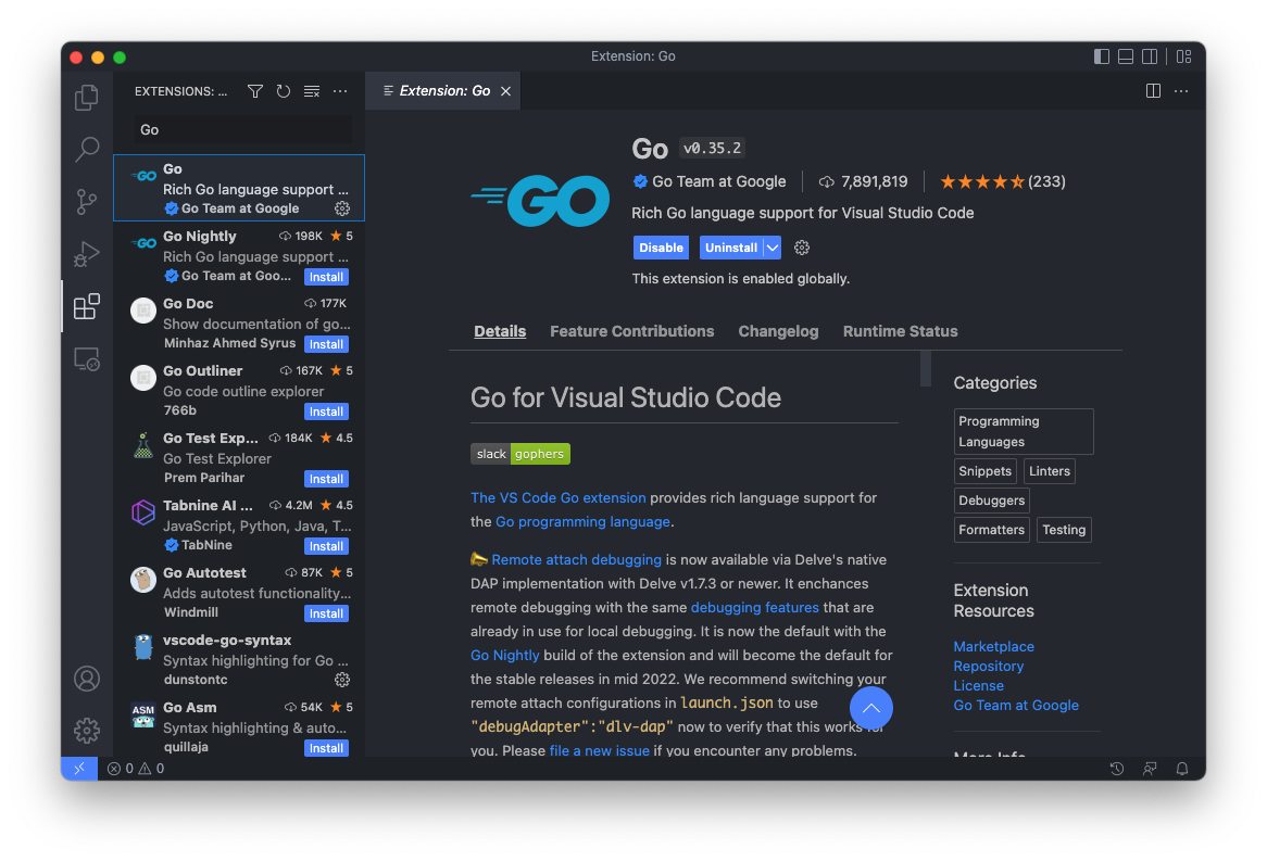 Go VS Code extension